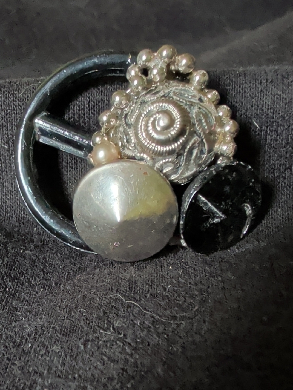 Vintage Black and Silver Mixed-Metal Chunky Statement Brooch